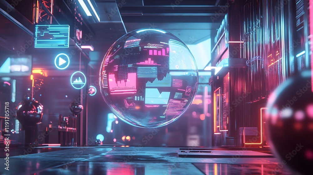 Futuristic Holographic Sphere Displays Data In Neon Lit Corridor Futuristic Holographic Sphere Displays Data In Neon Lit Corridor