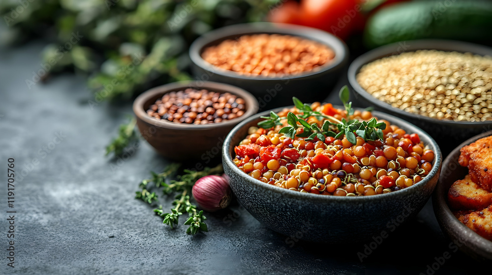 Aromatic and nutritious lentil and quinoa salad in a rustic bowl with fresh herbs, surrounded by other grains and legumes. Aromatic and nutritious lentil and quinoa salad in a rustic bowl with fresh herbs, surrounded by other grains and legumes.