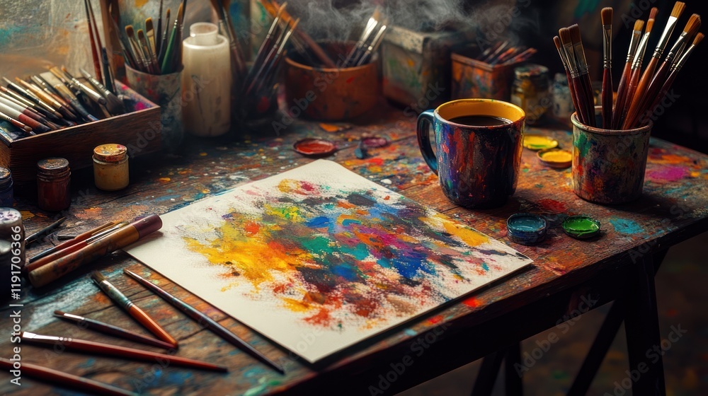 Artistic Messy Studio Tabletop Still Life with Paintbrushes, Coffee, and Colorful Palette Artistic Messy Studio Tabletop Still Life with Paintbrushes, Coffee, and Colorful Palette