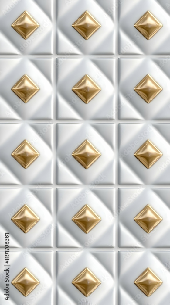 3D Render of White Quilted Pattern with Gold Diamond Accents Creates a Luxurious Wall Texture Background. 3D Render of White Quilted Pattern with Gold Diamond Accents Creates a Luxurious Wall Texture Background.