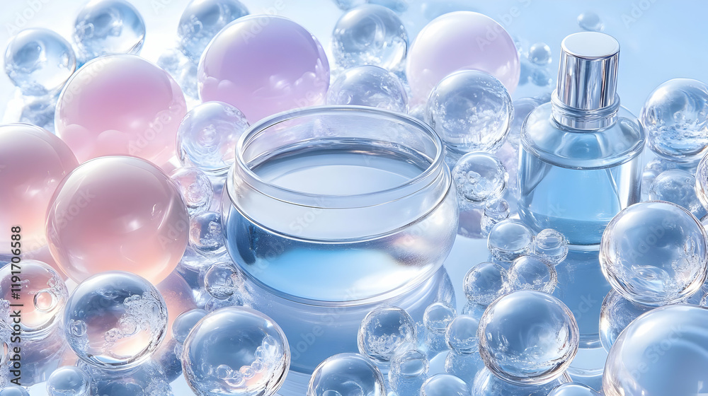 Cosmetic Products Surrounded by Spheres Showcase Freshness and Purity on Blue Backdrop Cosmetic Products Surrounded by Spheres Showcase Freshness and Purity on Blue Backdrop