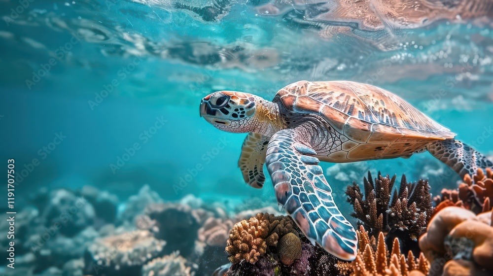 Fototapeta premium Serene Underwater World. Peaceful nature elements in azure water depicted with hawksbill sea turtle and...