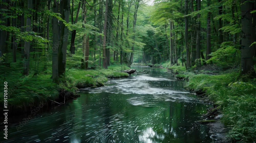 Obraz premium Serene Stream in the Forest. Lush Natural Landscape and Riparian Zone Concept