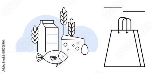 Milk carton, cheese, egg, fish, and wheat with a shopping bag. Ideal for grocery store branding, food delivery services, healthy eating campaigns, commercial advertising nutrition guidance