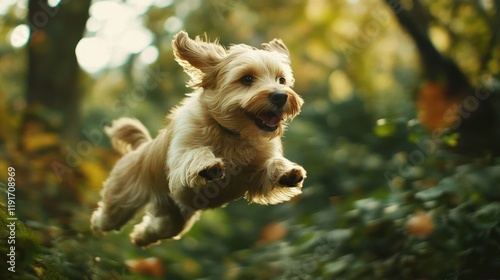Wallpaper Mural Joyful Canine Leap: A Golden Dog in Mid-Air, Forest Background Torontodigital.ca