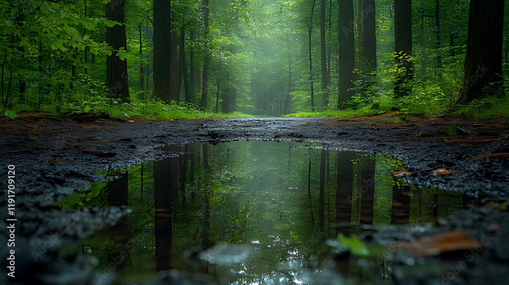 Forest path puddle reflection, misty morning, nature background, website banner Forest path puddle reflection, misty morning, nature background, website banner