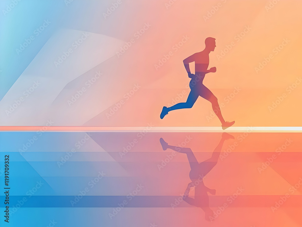 Fototapeta premium Silhouetted Runner Runs Across Gradient Background with Reflection, Embracing Fitness and Speed