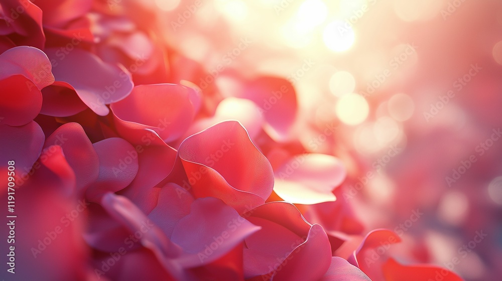 A 3D rendering of cascading pink and red rose petals illuminated by soft golden light, set against a romantic gradient background with a warm glow A 3D rendering of cascading pink and red rose petals illuminated by soft golden light, set against a romantic gradient background with a warm glow