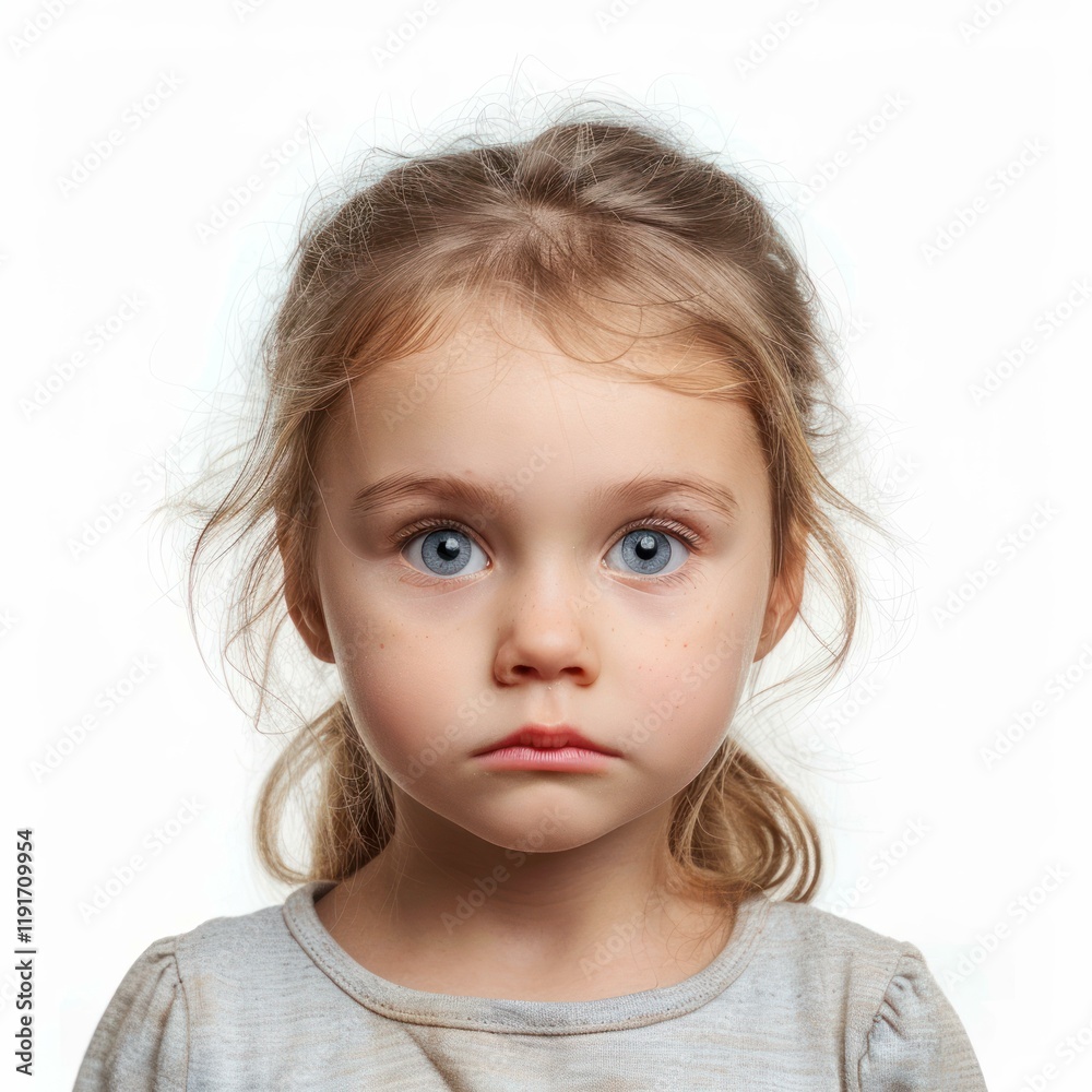 Studio portrait of adorable sad little girl with blond hair and blue eyes showing emotions on white background Studio portrait of adorable sad little girl with blond hair and blue eyes showing emotions on white background