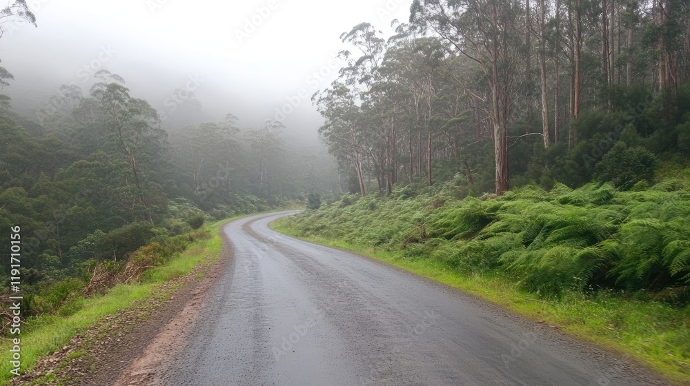 Fototapeta premium A forest road cutting through a foggy landscape, surrounded by dense, mysterious woods.