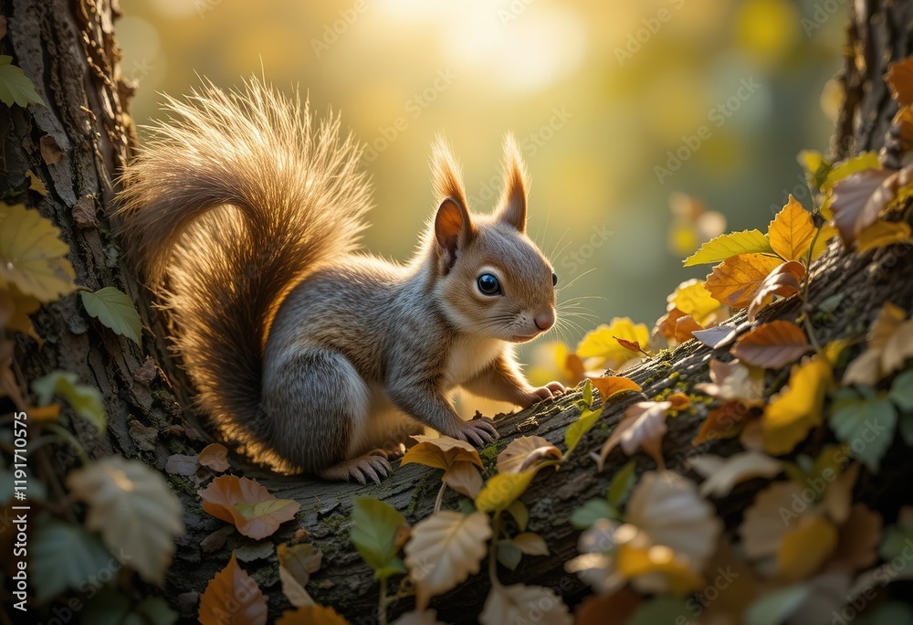 Adorable Red Squirrel Perched on Autumn Branch Adorable Red Squirrel Perched on Autumn Branch