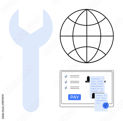 Wrench, globe, and digital receipt on tablet screen. Ideal for e-commerce, global business, tech support, online transactions, digital payments, IT services and fintech abstract line flat metaphor