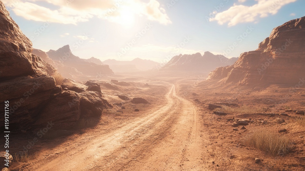 A lone road bordered by rocky terrain, vanishing into a dusty, arid landscape. A lone road bordered by rocky terrain, vanishing into a dusty, arid landscape.