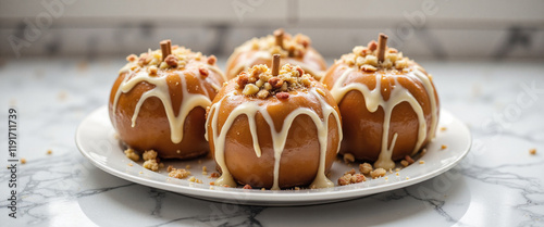Caramel Apples with drizzle and toppings on a plate set against a marble background conveying a delicious and inviting mood