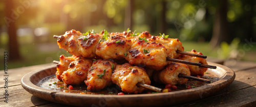 Delicious Chicken Tikka Skewers Glowing in Sunset Light on a Rustic Wooden Table photo