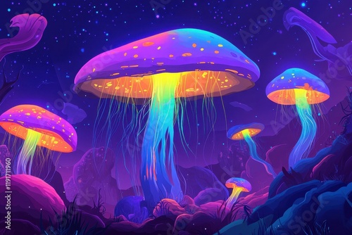 Glowing bioluminescent mushrooms illuminate a mystical night landscape