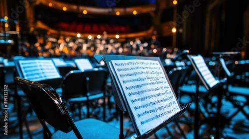 A theatre orchestra pit is set up for an up background  photo