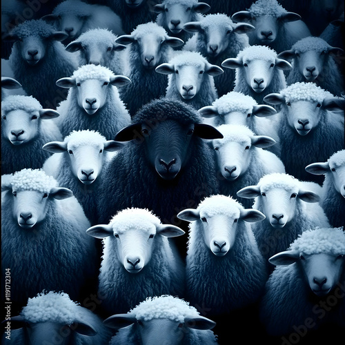 A Black Sheep Stands Out Among White Sheep in a Crowd Illustration with Distinction and Uniqueness.