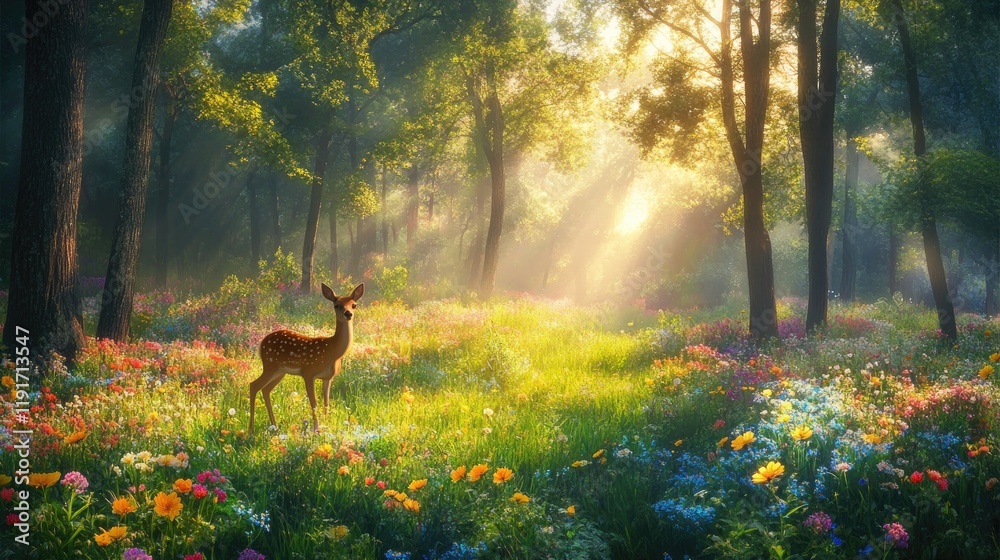 Fototapeta premium A quiet forest glade with a deer stepping out from behind trees, surrounded by vibrant wildflowers and soft morning light.