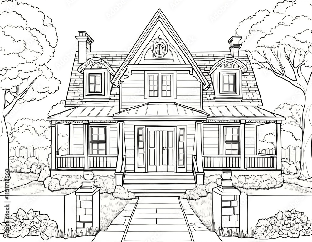 House Coloring page in black outline on a white background House Coloring page in black outline on a white background