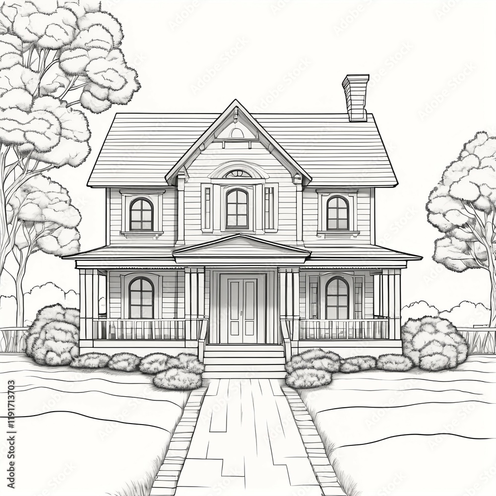 House Coloring page in black outline on a white background House Coloring page in black outline on a white background