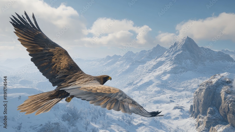 Fototapeta premium A rugged mountain landscape with a golden eagle soaring overhead, its wings spread wide against a backdrop of snow-covered peaks.