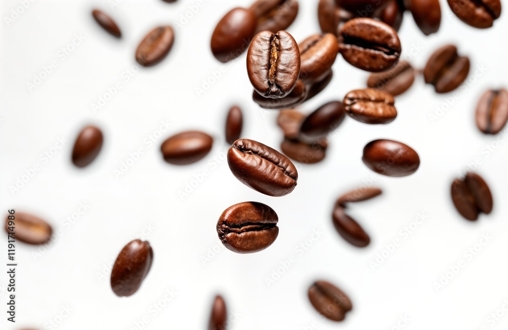 Coffee beans fall in slow motion against plain white background. Roasted beans display rich brown color. High quality studio shot food texture, movement. Ideal for coffee shop marketing material food Coffee beans fall in slow motion against plain white background. Roasted beans display rich brown color. High quality studio shot food texture, movement. Ideal for coffee shop marketing material food