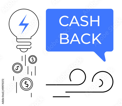 Lightbulb releasing dollar coins towards wind swirls and blue speech bubble with CASH BACK. Ideal for financial incentives, refunds, economic savings, discounts, promotional offers, spending rewards