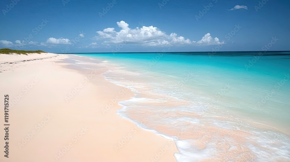 A smooth, untouched beach with soft sand meeting the gentle waves of the ocean under a pale blue sky. A smooth, untouched beach with soft sand meeting the gentle waves of the ocean under a pale blue sky.