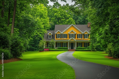 A two-story house with yellow walls, white trim, and a large green lawn in suburban . The house has a neutral shingle roof and a welcoming porch.
