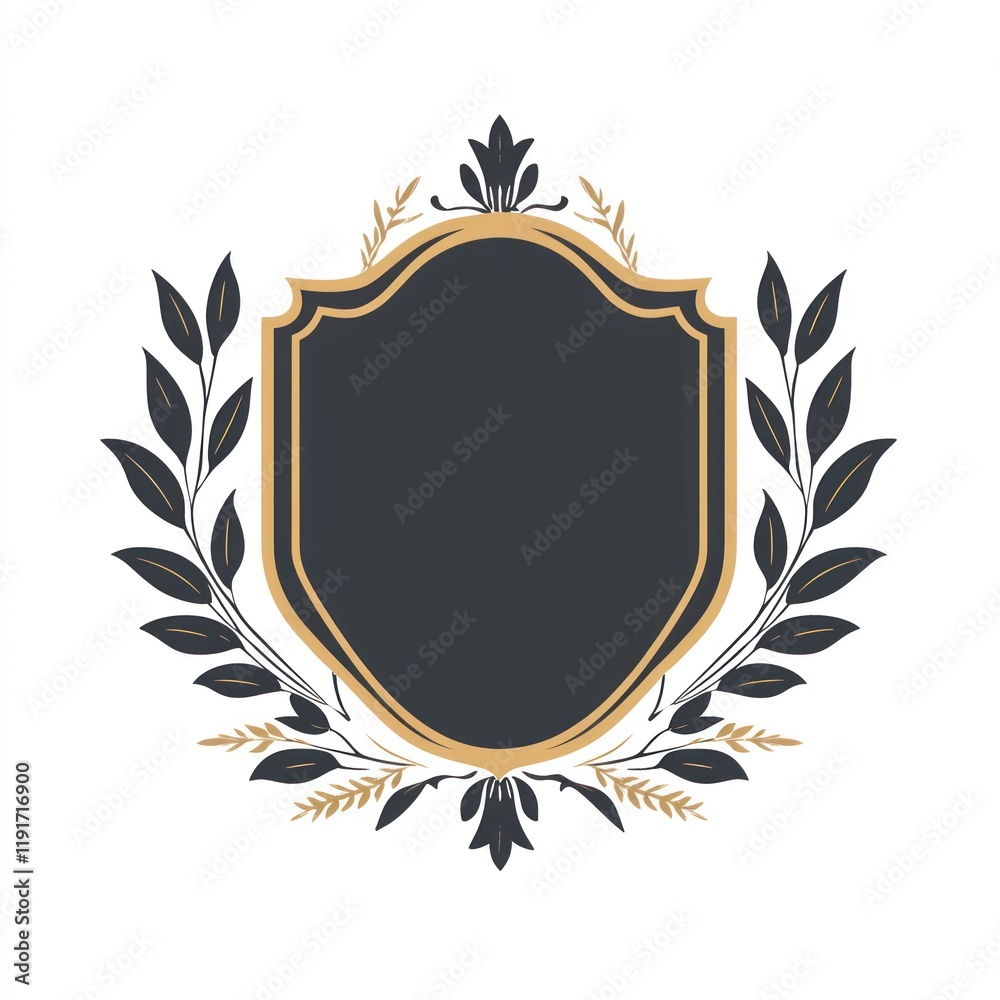 Elegant gold shield emblem with leaves; design template, ideal for logos or invitations Elegant gold shield emblem with leaves; design template, ideal for logos or invitations