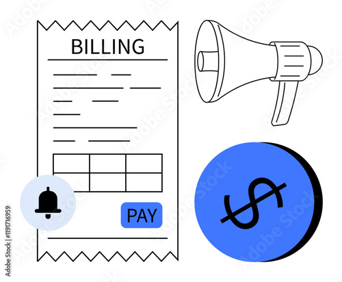 Billing receipt with detailed breakdown, notification bell, megaphone, dollar sign button and pay button. Ideal for finance, alerts, communication, payment, reminders announcements business