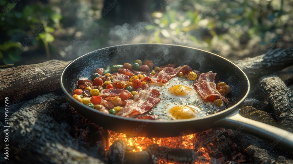 Campfire Cooking: Delicious Bacon and Eggs with Colorful Vegetables Fried in a Cast Iron Pan over Embers Campfire Cooking: Delicious Bacon and Eggs with Colorful Vegetables Fried in a Cast Iron Pan over Embers