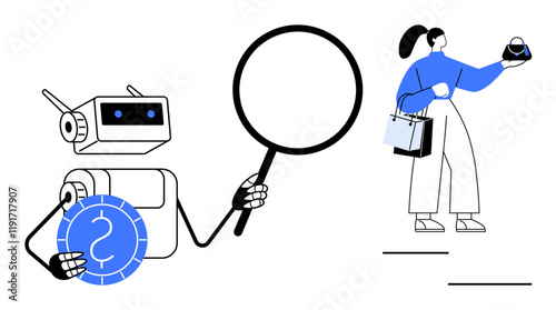Robot holds magnifying glass and currency sign, person with shopping bags examines purse. Ideal for e-commerce, artificial intelligence, financial analysis, online shopping, technology, consumer