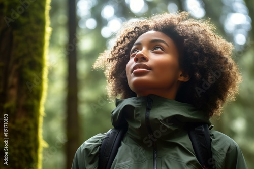 Female hiker looking up, enjoying the fresh air and sunlight filtering through trees in a lush forest photo