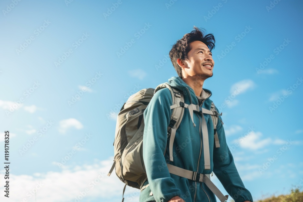 Happy hiker looking up at blue sky while enjoying mountain landscape Happy hiker looking up at blue sky while enjoying mountain landscape