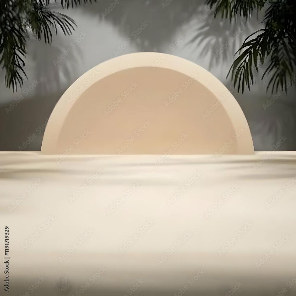 3D Minimalist Podium Backdrop with Palm Leaf Shadows for Product Display with Tropical Vibe. 3D Minimalist Podium Backdrop with Palm Leaf Shadows for Product Display with Tropical Vibe.
