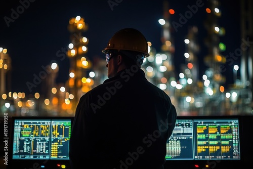 Night shift engineer monitoring control panel with oil rigs and pipelines