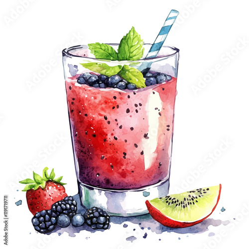 A watercolor vector of chia fruit juice, isolated on a white background. Chia Fruit Juice vector.
