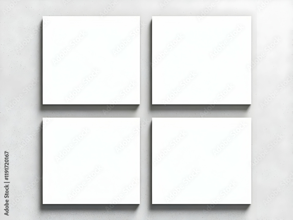 Four Blank Square Canvases Hanging on a Textured Gray Wall Create a Minimalist Art Display Four Blank Square Canvases Hanging on a Textured Gray Wall Create a Minimalist Art Display