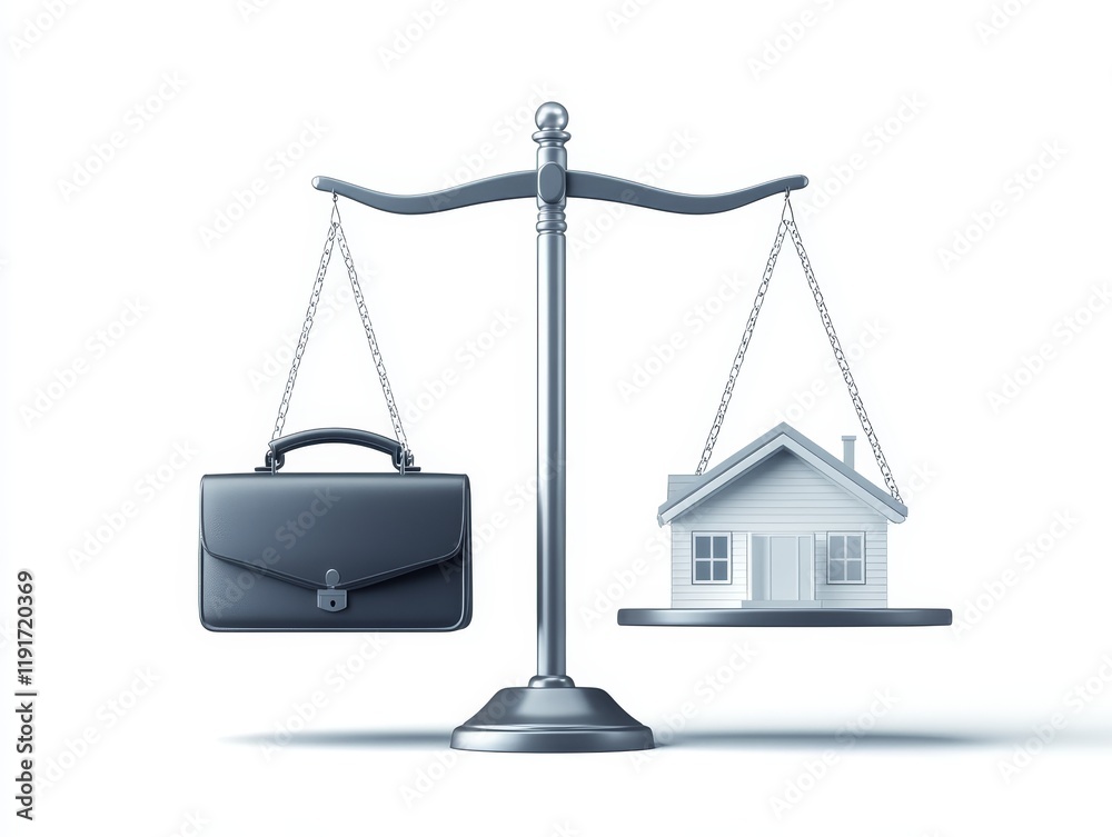Balancing act, weighing the choice between real estate investment (house) and career (briefcase) on a scale Balancing act, weighing the choice between real estate investment (house) and career (briefcase) on a scale
