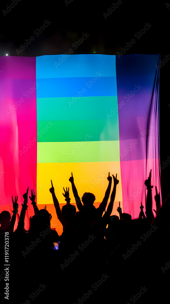 Silhouetted Crowd Cheers with Raised Hands at a Vibrant Rainbow Backdrop Event. Silhouetted Crowd Cheers with Raised Hands at a Vibrant Rainbow Backdrop Event.
