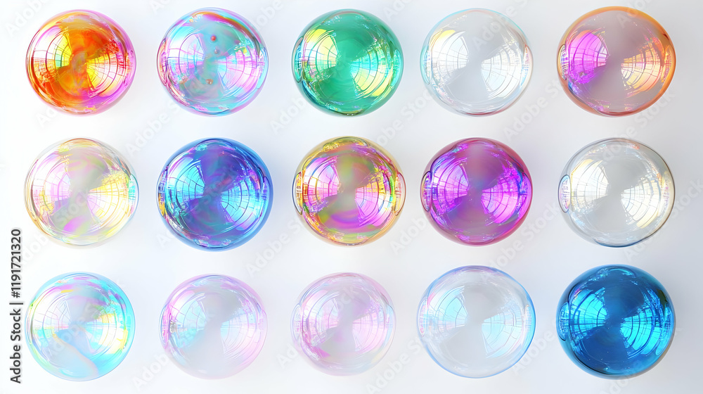 Iridescent Soap Bubbles Reflecting Light on a White Background Showcasing Vibrant Colors and Patterns. Iridescent Soap Bubbles Reflecting Light on a White Background Showcasing Vibrant Colors and Patterns.