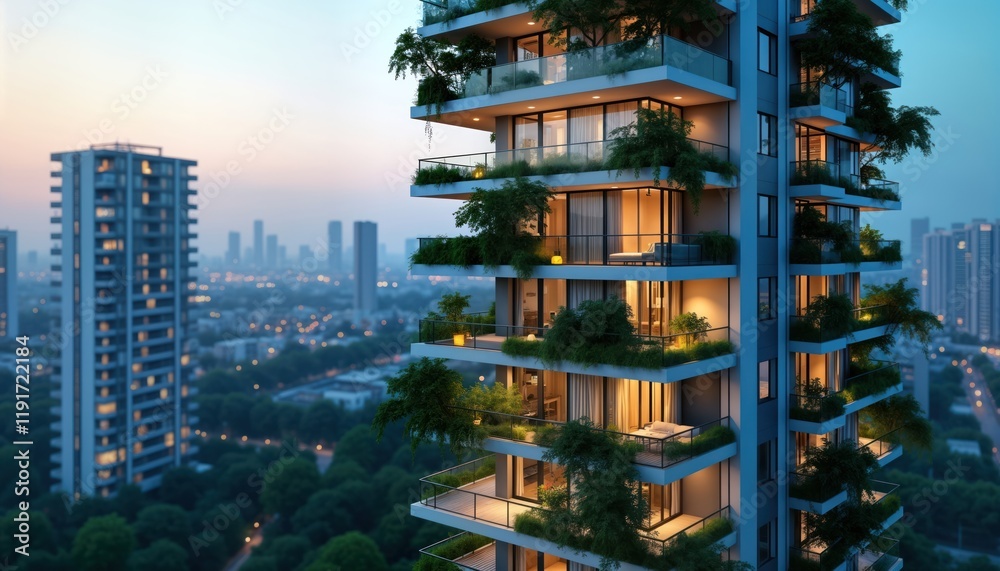 Obraz premium Modern high-rise apartment building with rich green plants, city view at dusk. Balconies adorned with plants, illuminated interiors. Urban landscape blends nature, tech design. Residential