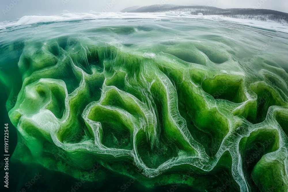 Obraz premium Green ice formations, underwater, textured, abstract.