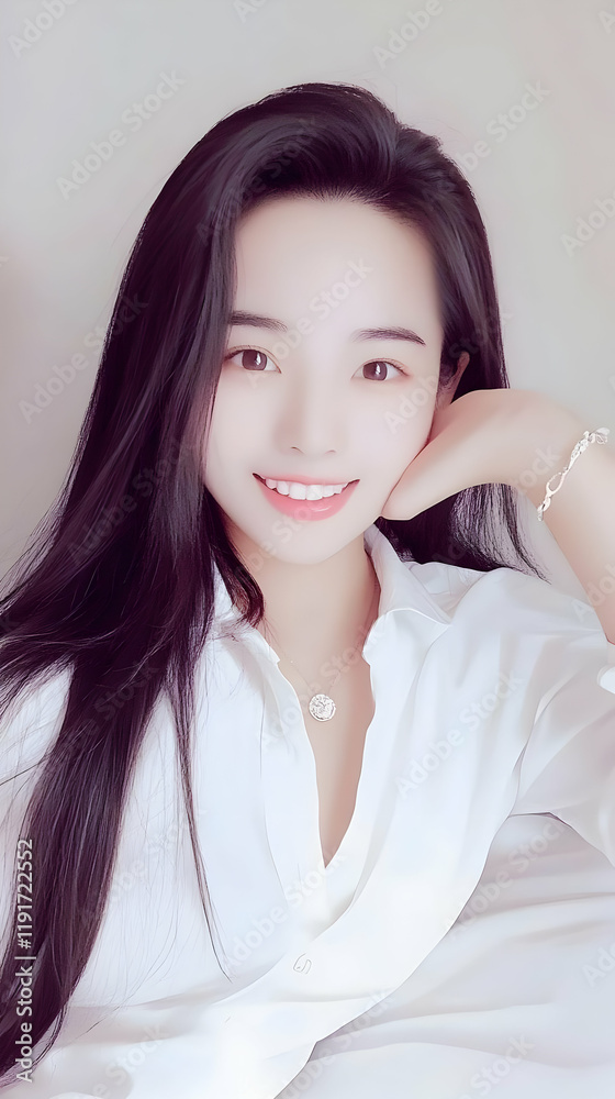 Young Woman Poses Gracefully in White Shirt with Hand on Chin, Long Dark Hair Flowing. Young Woman Poses Gracefully in White Shirt with Hand on Chin, Long Dark Hair Flowing.