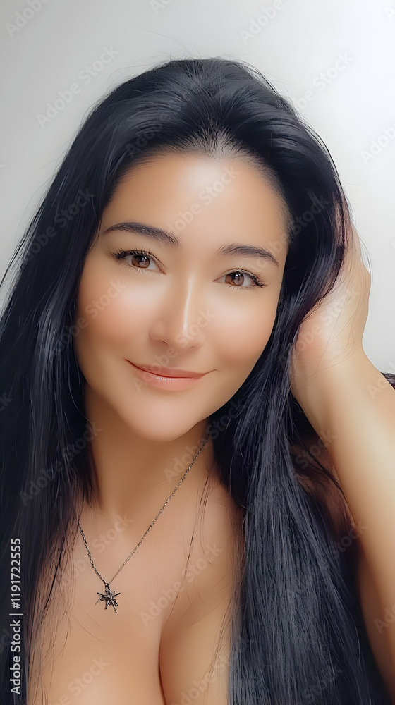 Woman Gently Touches Her Long, Dark Hair While Wearing a Delicate Necklace, Close-up Portrait Woman Gently Touches Her Long, Dark Hair While Wearing a Delicate Necklace, Close-up Portrait