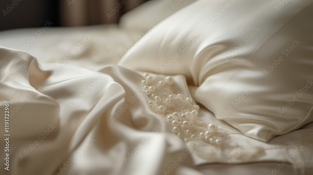 A close-up shot of a luxury bedding set featuring silk pillowcases, a textured duvet cover, and decorative cushions A close-up shot of a luxury bedding set featuring silk pillowcases, a textured duvet cover, and decorative cushions