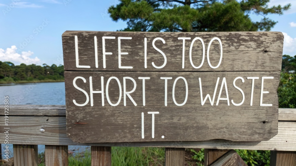 Embrace life's moments inspirational signage by the lake motivational content natural surroundings reflective viewpoint life is too short to waste Embrace life's moments inspirational signage by the lake motivational content natural surroundings reflective viewpoint life is too short to waste
