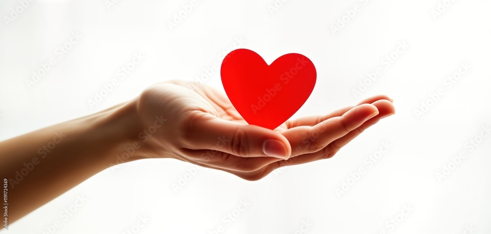 Hand holds red heart against transparent background. Simple image shows care, love. Image perfect for displays about giving love concepts. Suitable for use in websites, social media content. Good for
